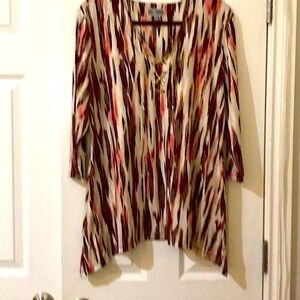 J&M Blouse, over the hips, shades of burgundy and peach(pink).